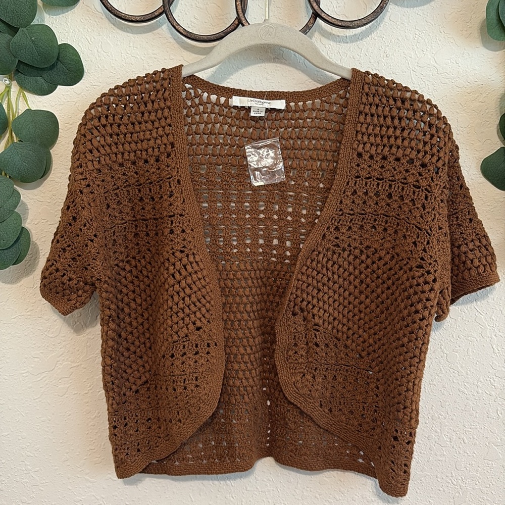 Vintage 90s/Y2K NWT Brown Crochet Cropped Cardigan Top✨ - Picture 2 of 6